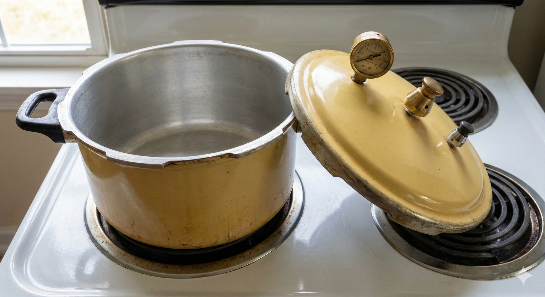 :width: 701px
:alt: Pressure Cooker
:align: left
:label: Pressure Cooker
AI Generated image of a pressure cooker on a stove with electric elements showing the locking lid and the pressure gauge on the top as well as the pressure relief valve.